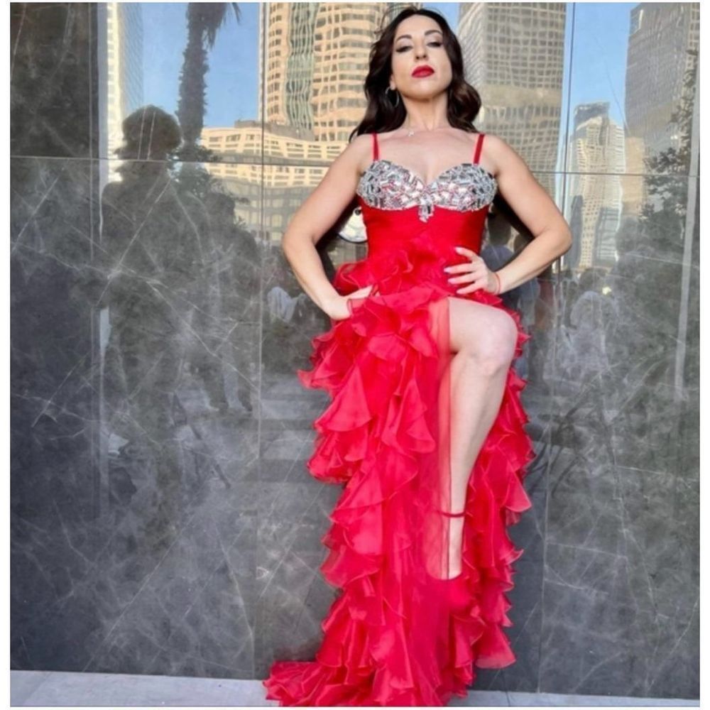 Womens Sherri Hill 2838 Red Organza Ornate Prom Holiday Ball Gown Dress - Size 8 - Picture 2 of 7